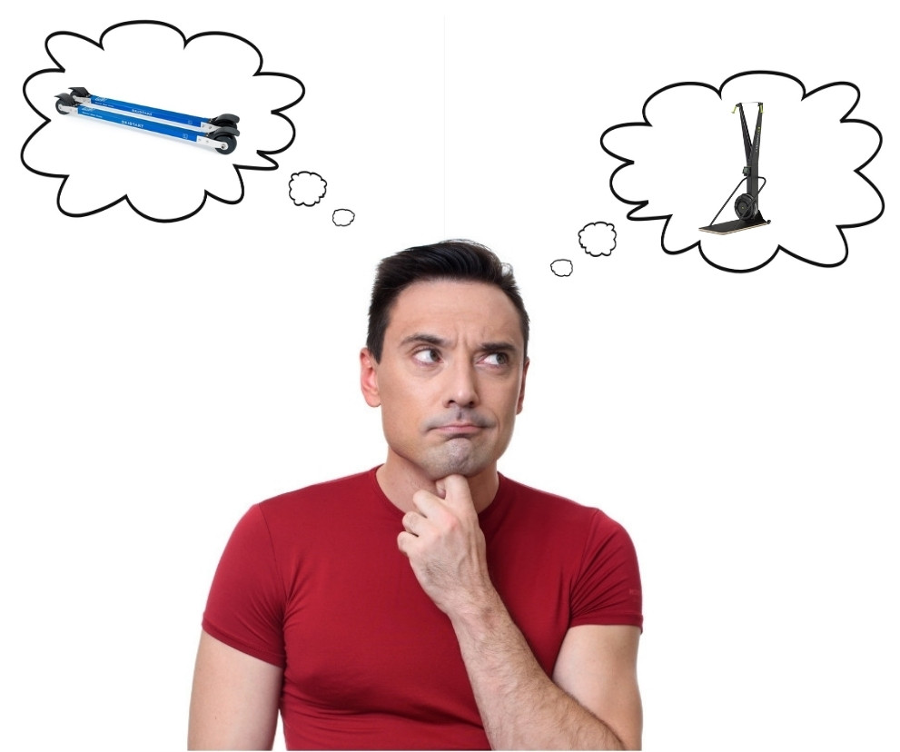 En man överväger rullskidor eller stakmaskin för sommarens skidträning