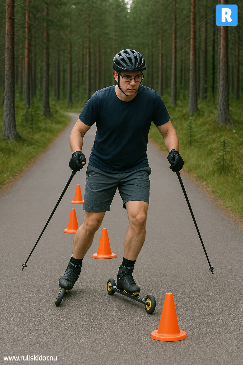 Övning på teknik med rullskidor och koner på rullskidbana